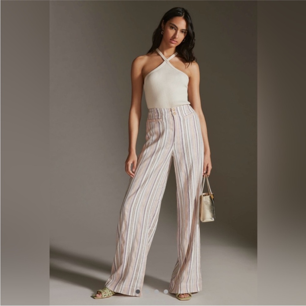 Anthropologie Maeve Wide Leg Linen Pinstripe Pants Size 6